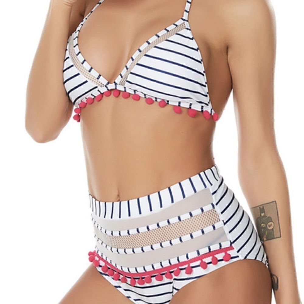 Halter
Retro Mesh Hollow Out String High Waist Pompom Bikini Size Large